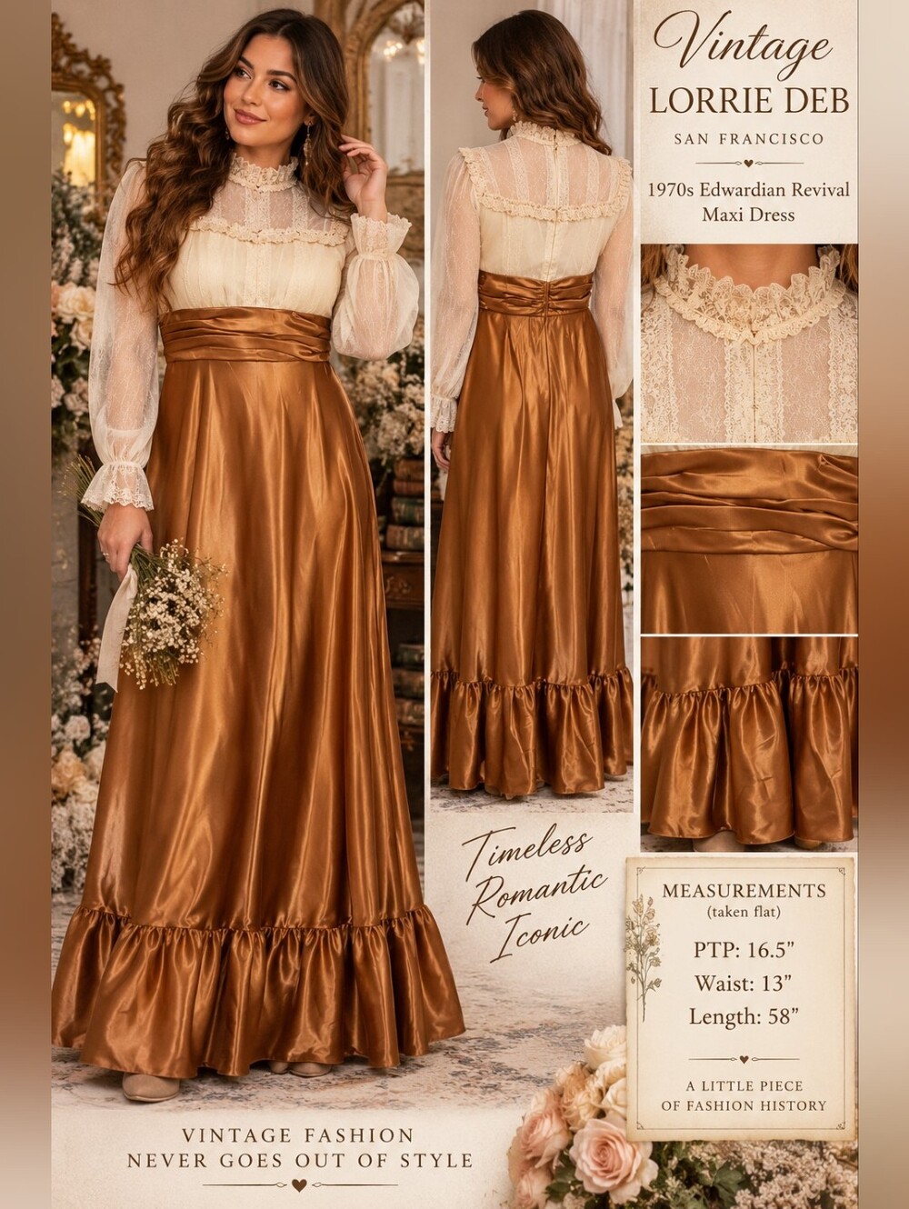 Vintage 70s Lorrie Deb Lace Satin Prairie Maxi Dress Union Made Size XS/S